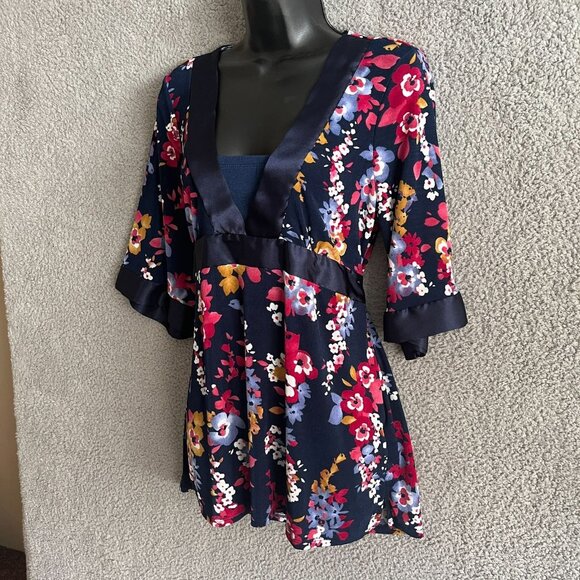 Jaclyn Smith Y2K‎ Floral Babydoll Tunic Top Medium Navy - Picture 4 of 11